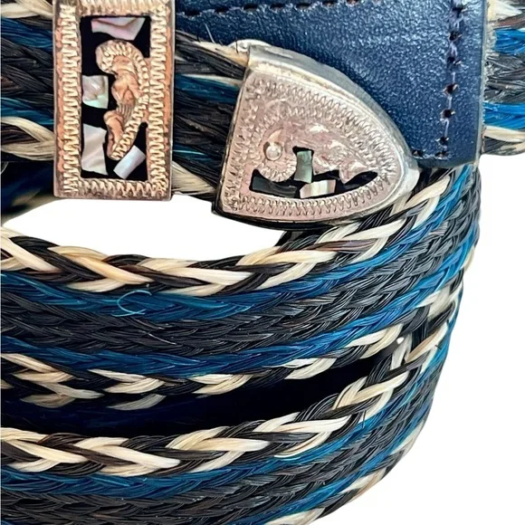 Horse Hair Western Belt Black Blue Mother Of Pearl Silver Plated Buckle Cowgirl - Picture 3 of 7